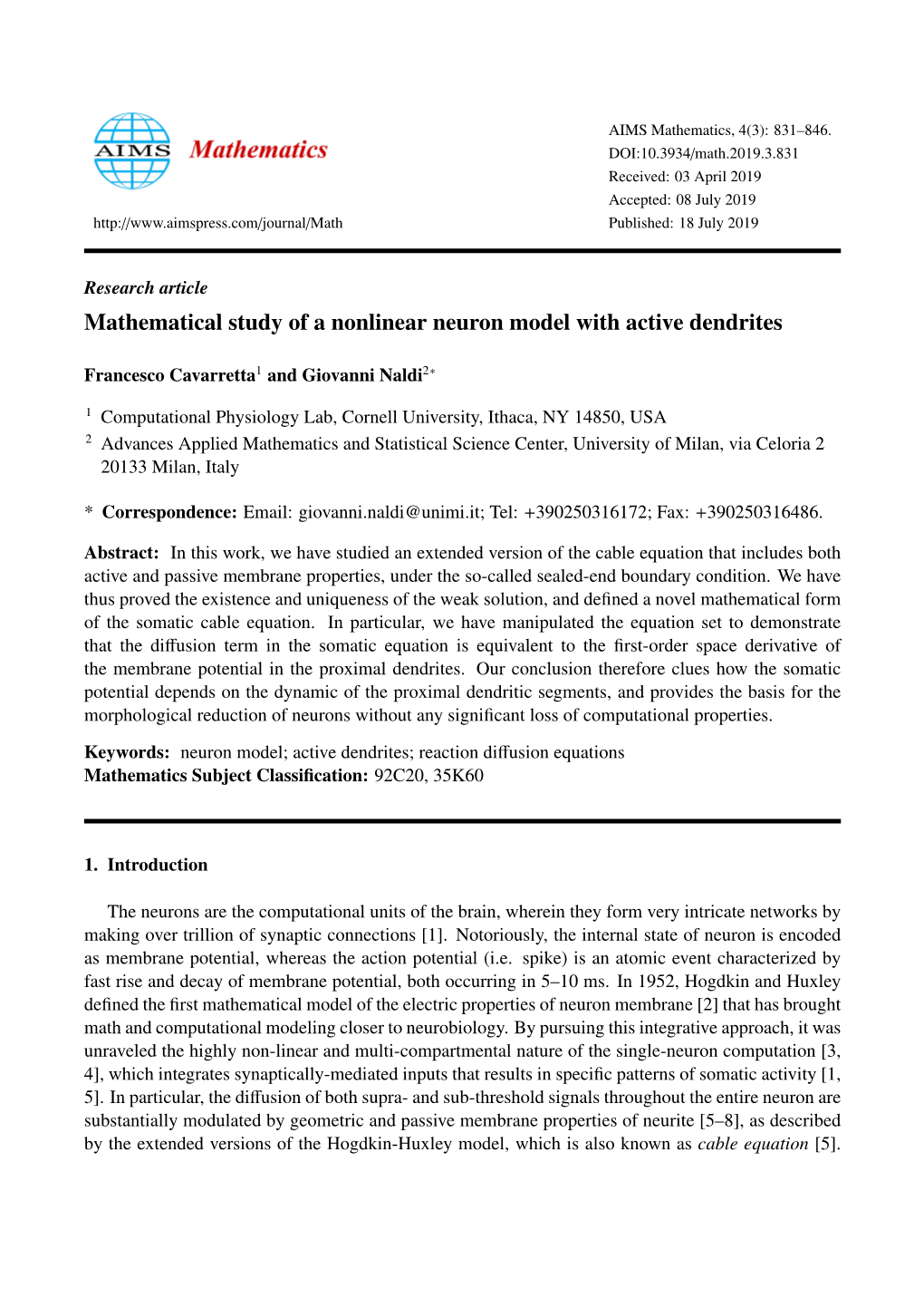 Mathematical Study of a Nonlinear Neuron Model with Active Dendrites