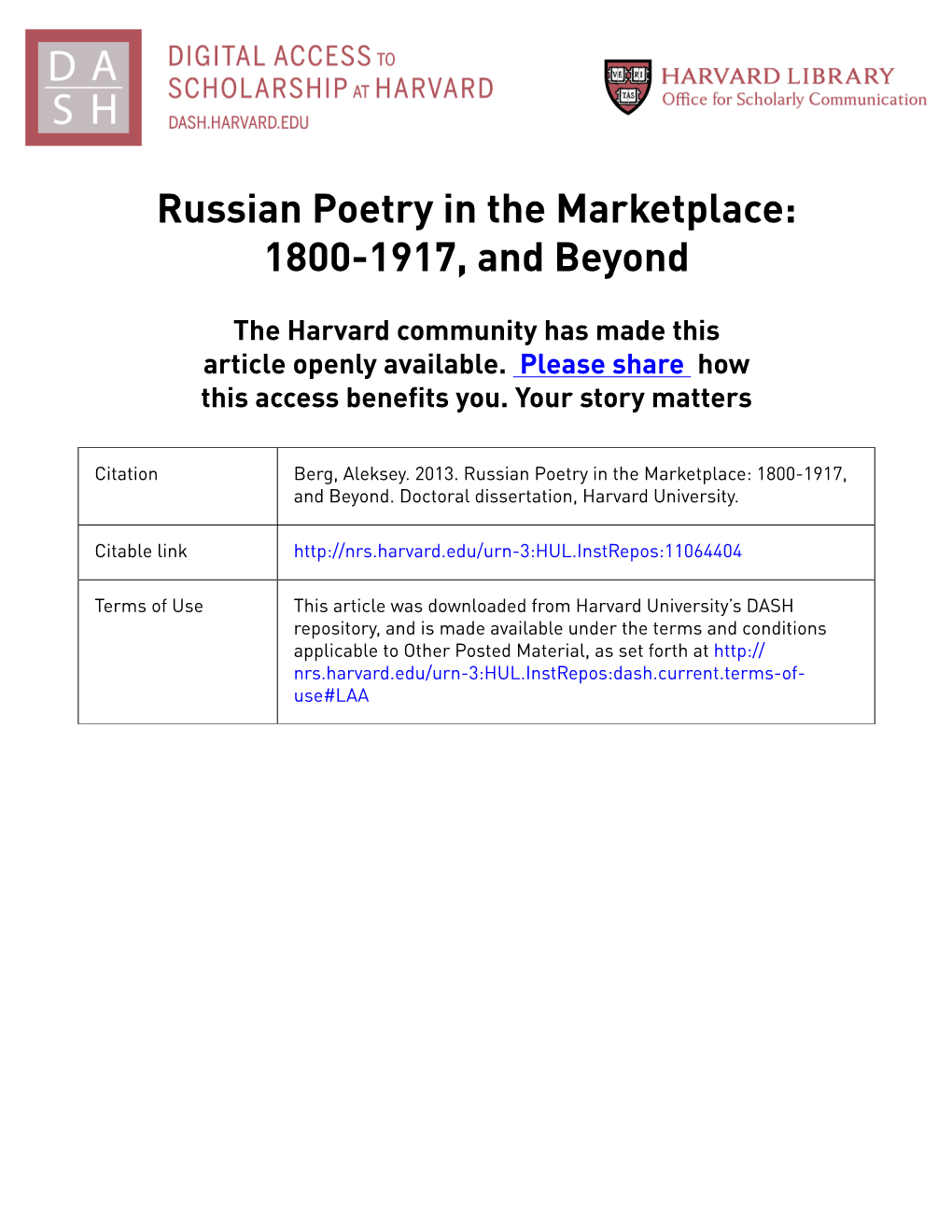 Russian Poetry in the Marketplace: 1800-1917, and Beyond
