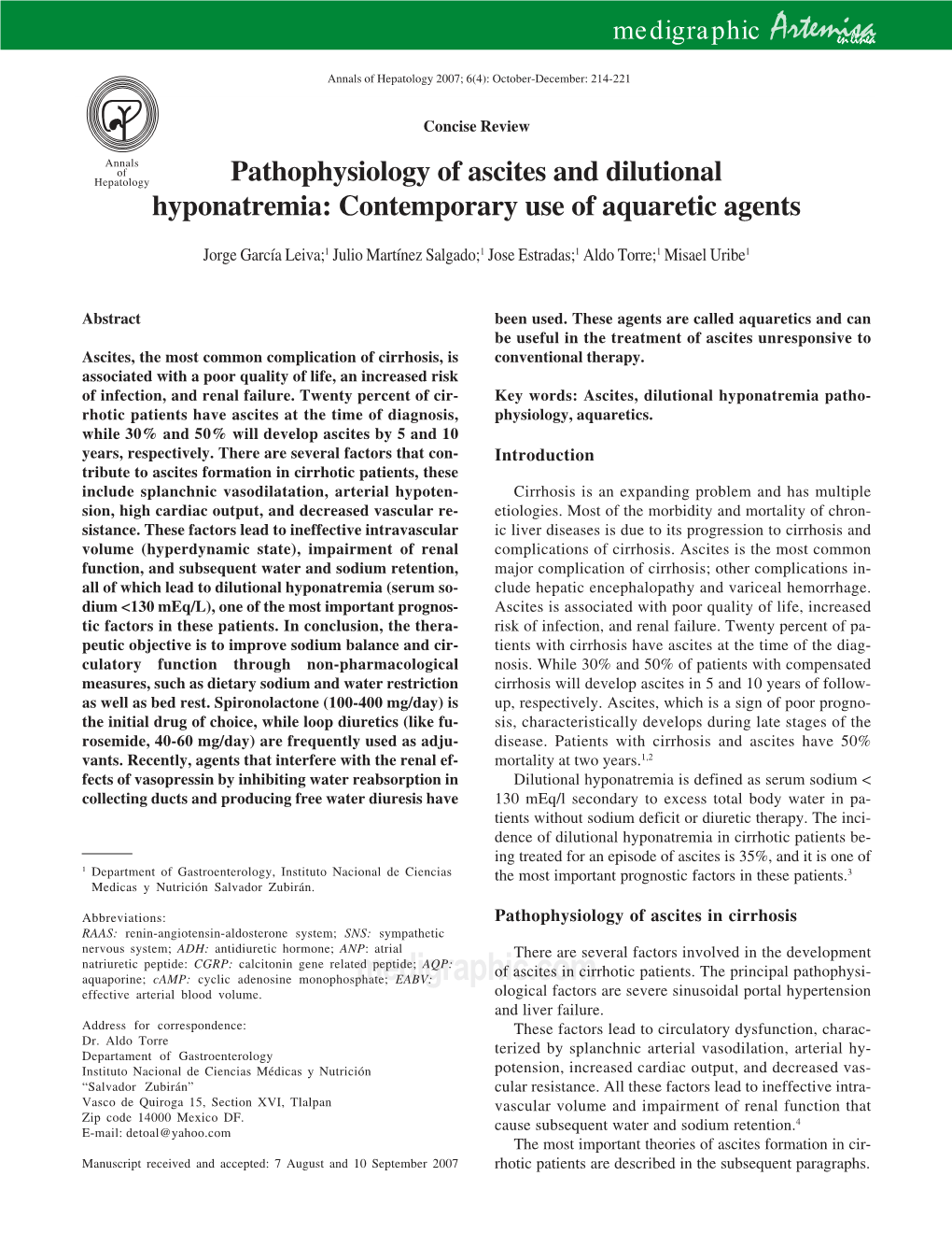 Pathophysiology of Ascites and Dilutional Hyponatremia: Contemporary Use of Aquaretic Agents