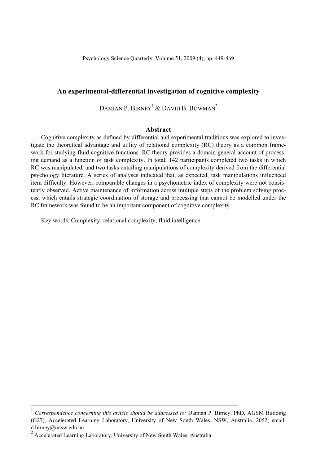 An Experimental-Differential Investigation of Cognitive Complexity