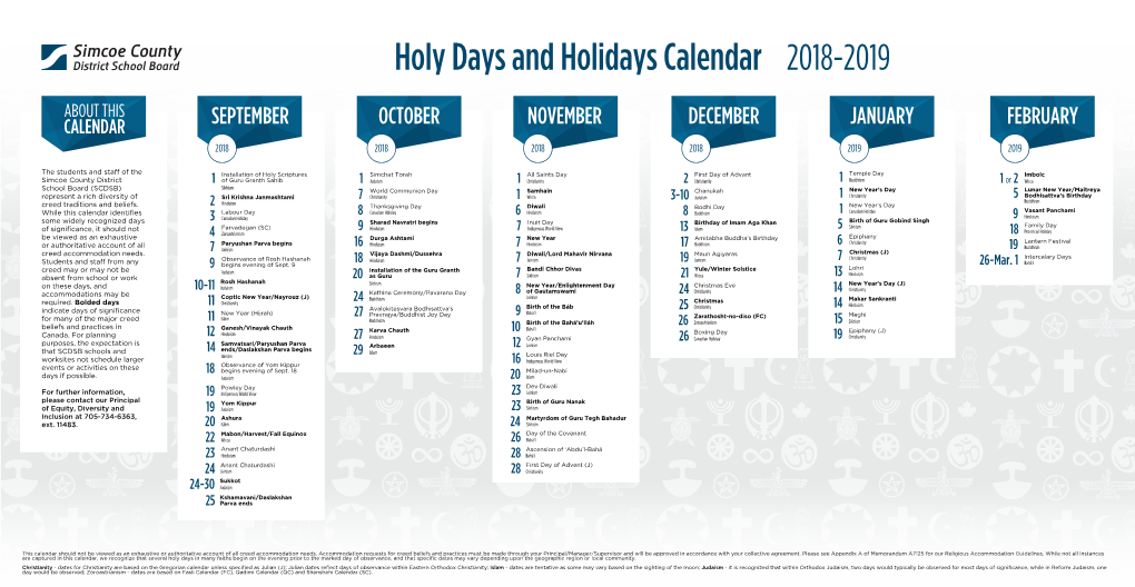 Holy Days and Holidays Calendar 2018-2019