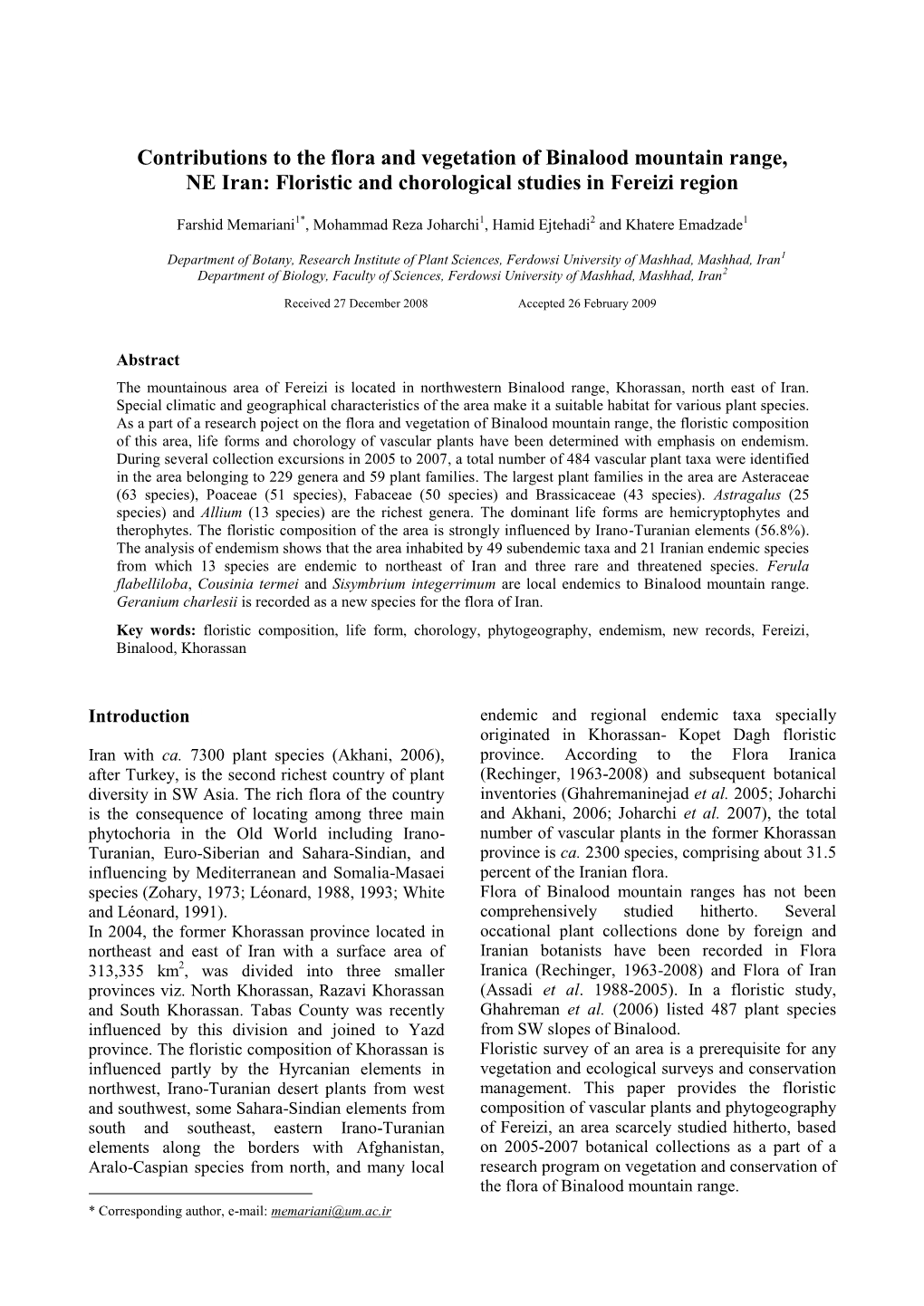 Contributions to the Flora and Vegetation of Binalood Mountain Range, NE Iran: Floristic and Chorological Studies in Fereizi Region