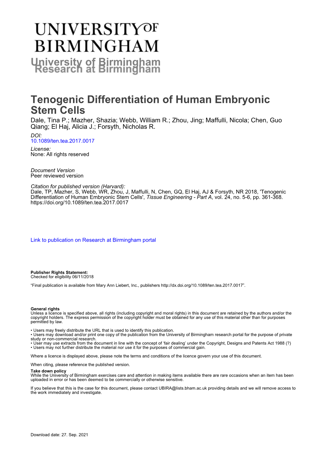 University of Birmingham Tenogenic Differentiation of Human Embryonic