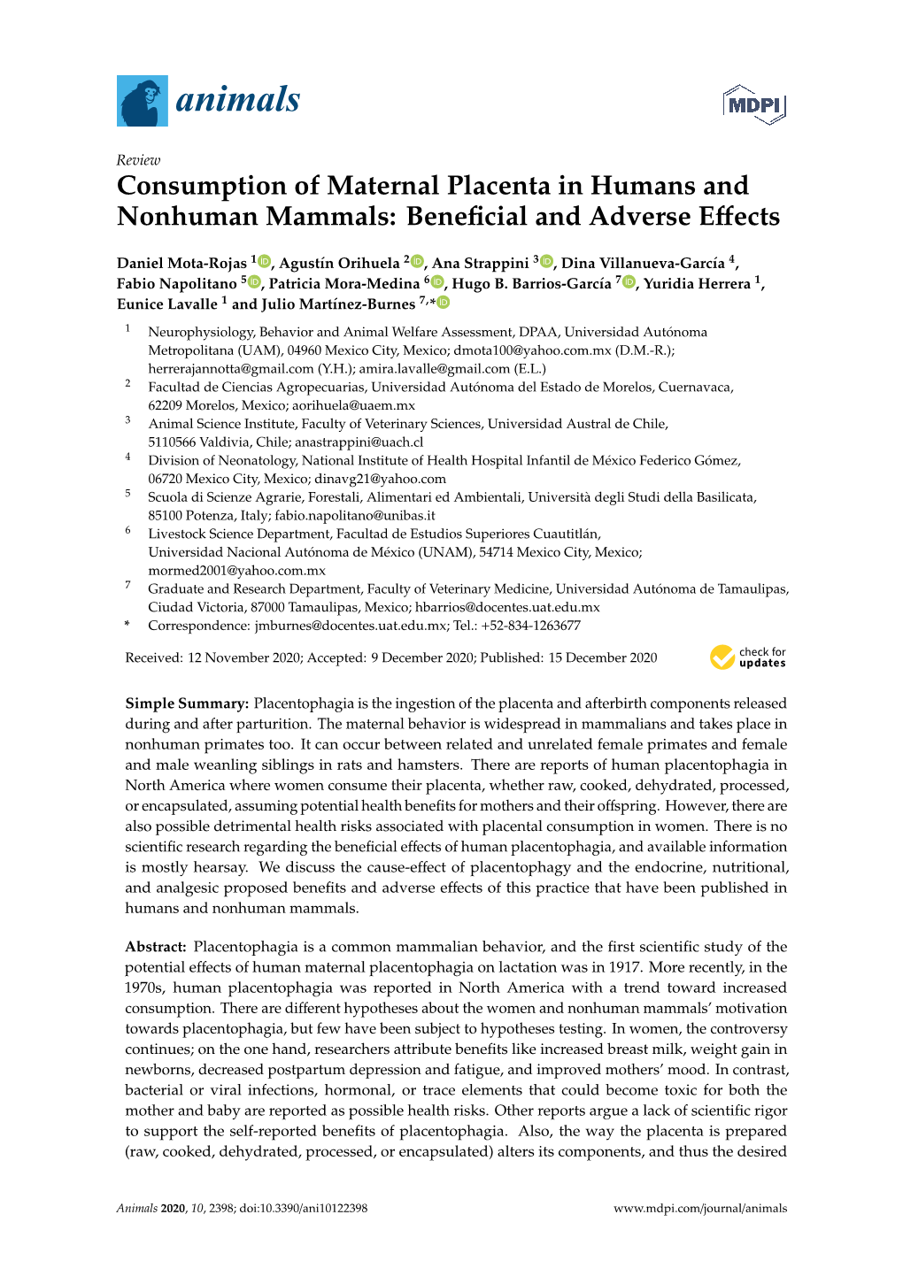 Consumption of Maternal Placenta in Humans and Nonhuman Mammals: Beneﬁcial and Adverse Eﬀects
