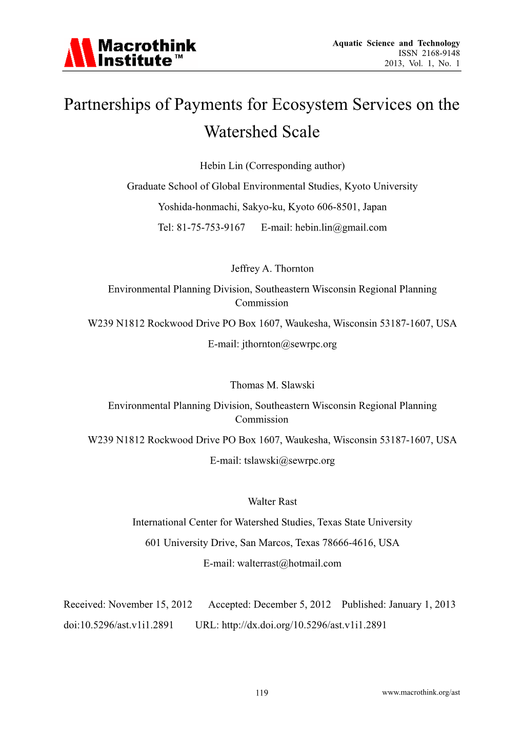 Partnerships of Payments for Ecosystem Services on the Watershed Scale