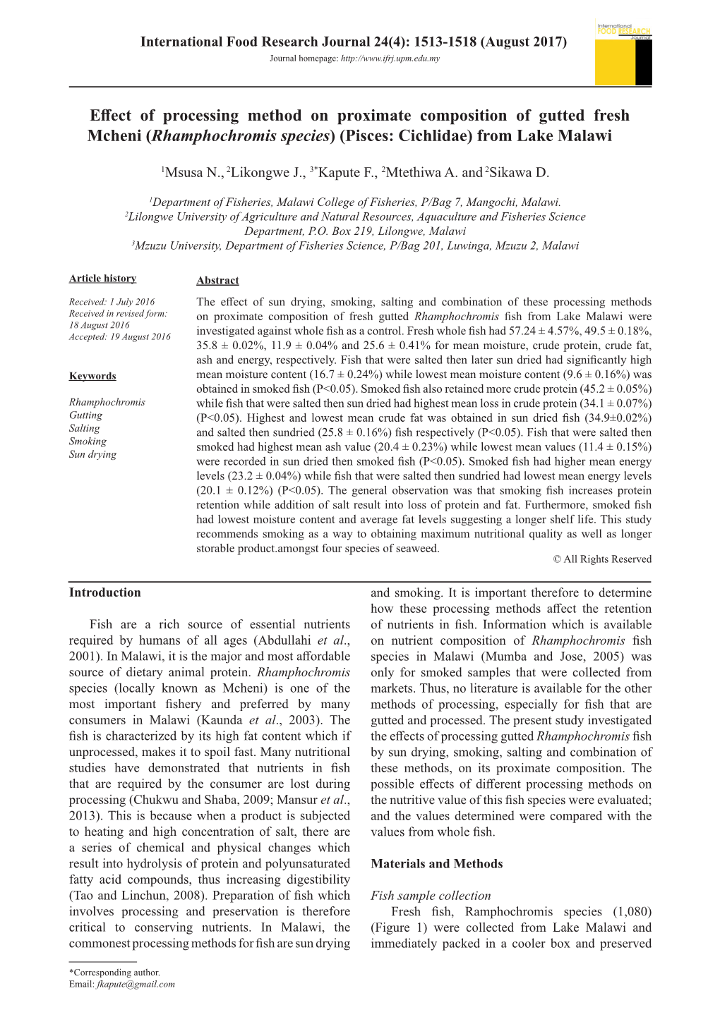 Effect of Processing Method on Proximate Composition of Gutted Fresh Mcheni (Rhamphochromis Species) (Pisces: Cichlidae) from Lake Malawi