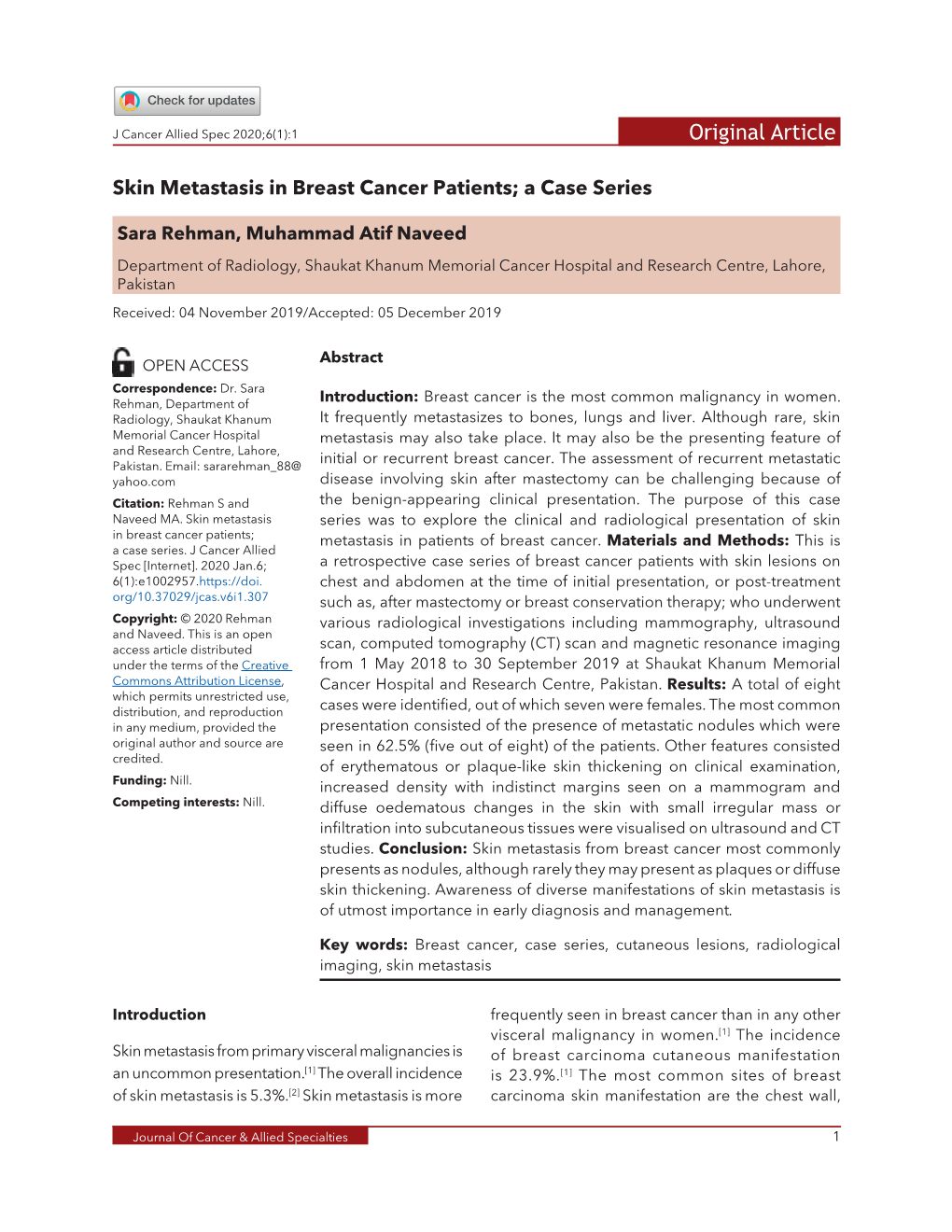 Skin Metastasis in Breast Cancer Patients; a Case Series. J Cancer