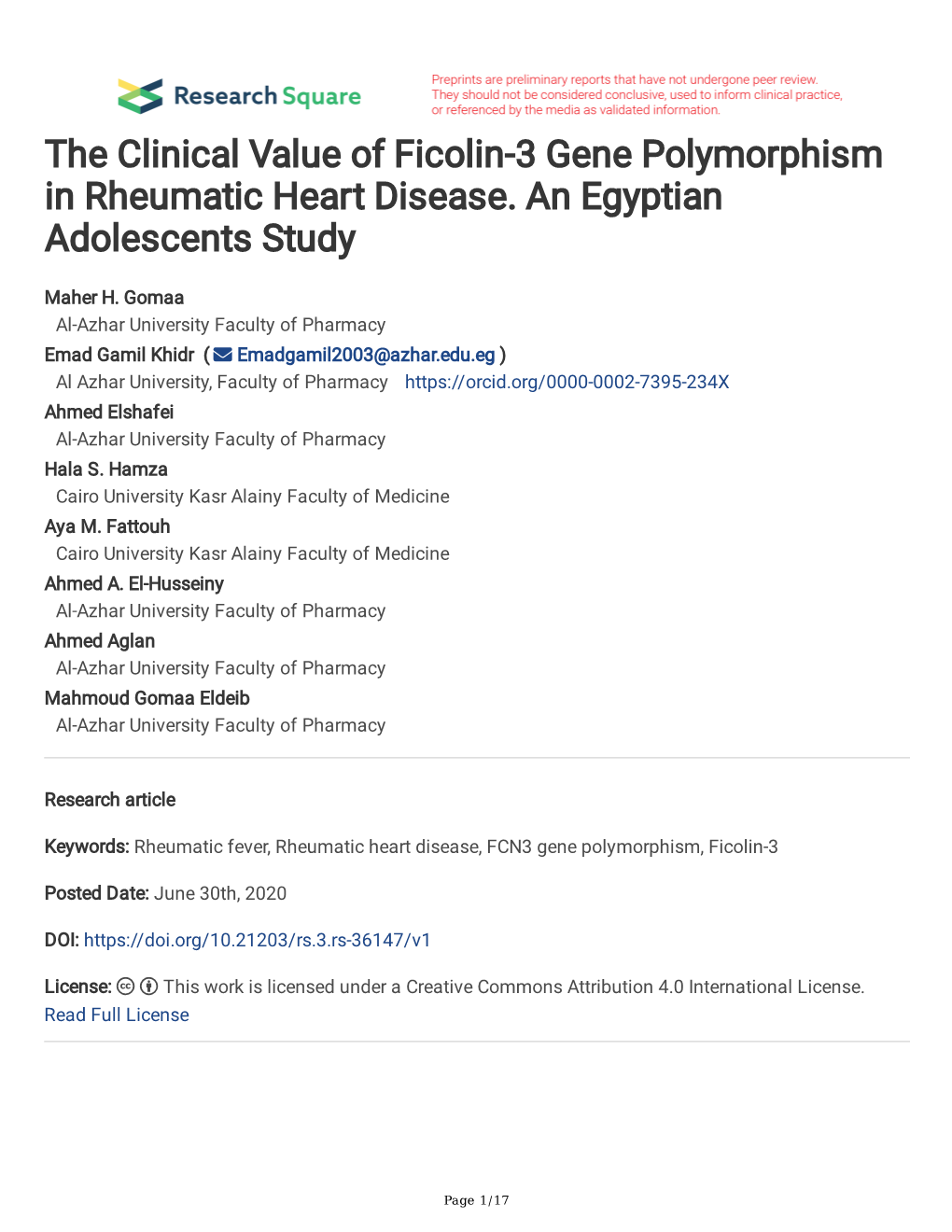 The Clinical Value of Ficolin-3 Gene Polymorphism in Rheumatic Heart Disease