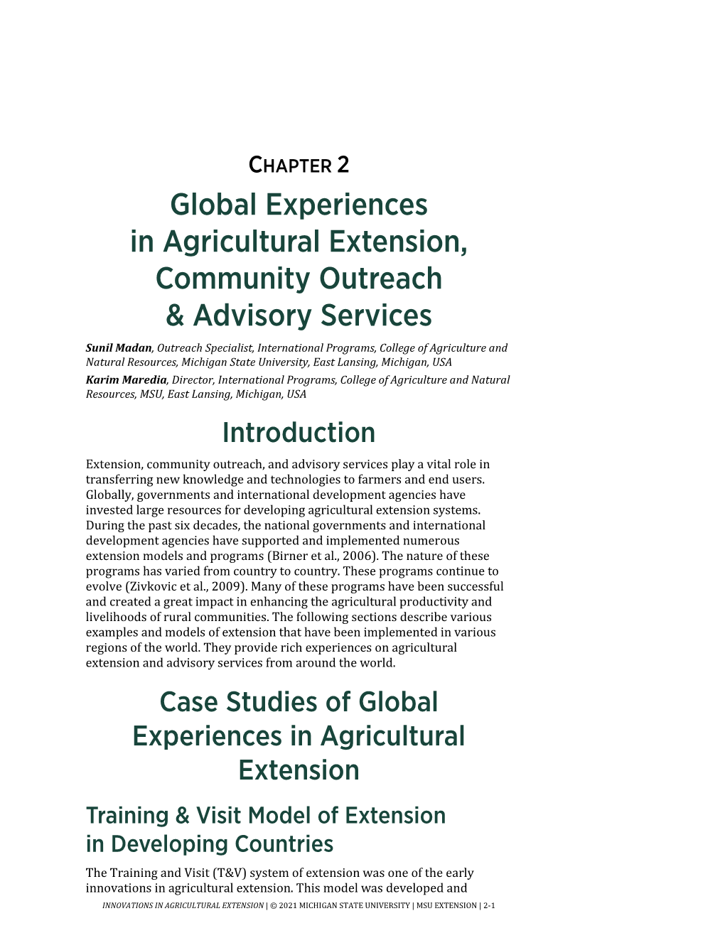 Global Experiences in Agricultural Extension, Community Outreach