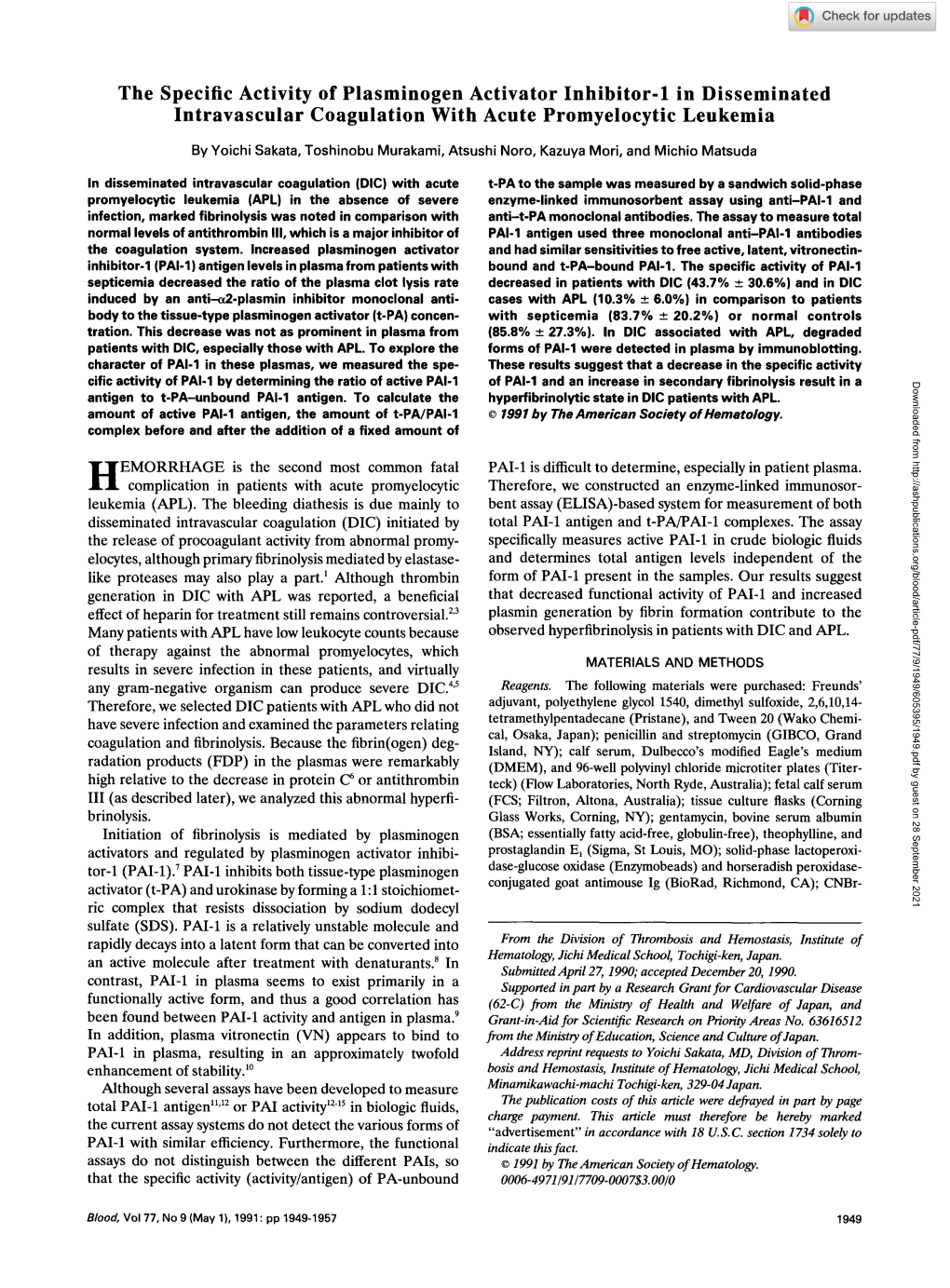 The Specific Activity of Plasminogen Activator Inhibitor-1 in Disseminated Intravascular Coagulation with Acute Promyelocytic Leukemia