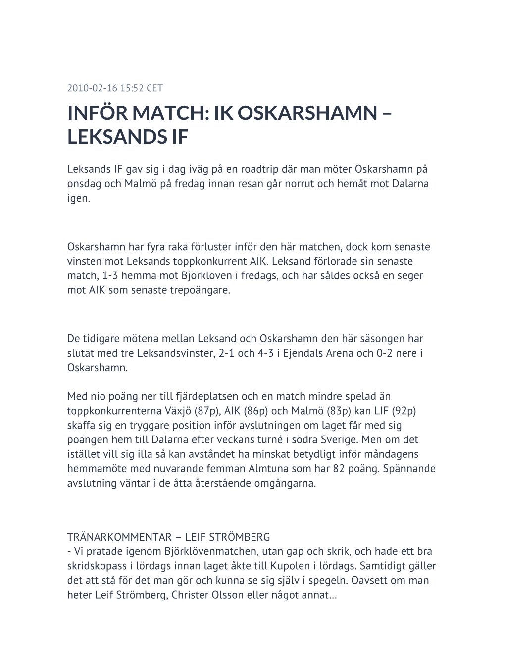 Inför Match: Ik Oskarshamn – Leksands If