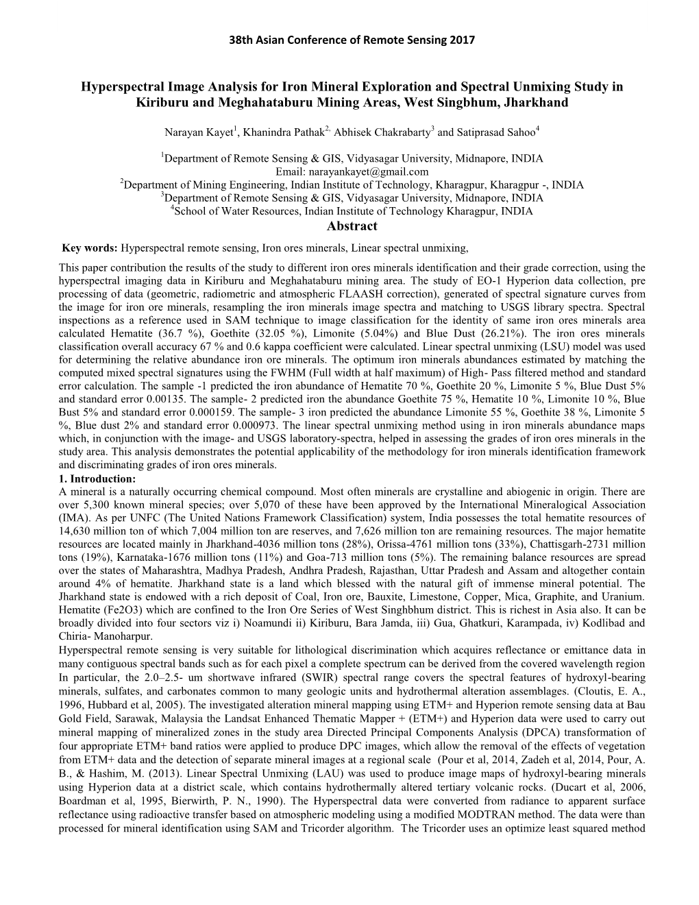 Hyperspectral Image Analysis for Iron Mineral Exploration and Spectral Unmixing Study in Kiriburu and Meghahataburu Mining Areas, West Singbhum, Jharkhand