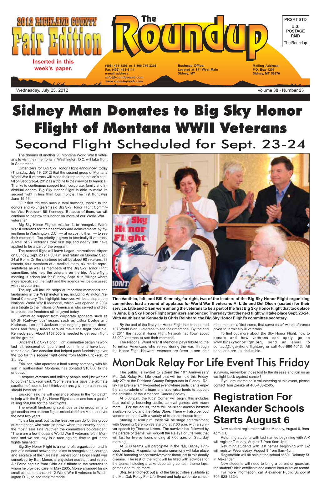 Sidney Man Donates to Big Sky Honor Flight of Montana WWII Veterans Second Flight Scheduled for Sept