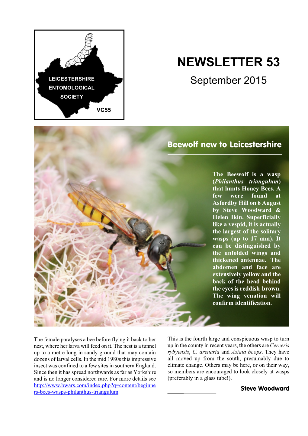 NEWSLETTER 53 LEICESTERSHIRE September 2015 ENTOMOLOGICAL SOCIETY