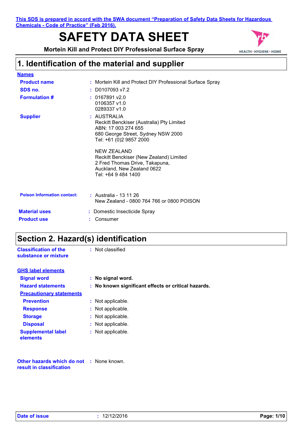 Safety Data Sheets for Hazardous Chemicals - Code of Practice” (Feb 2016)