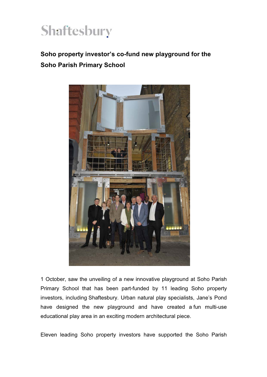 Soho Property Investor's Co-Fund New Playground for the Soho Parish