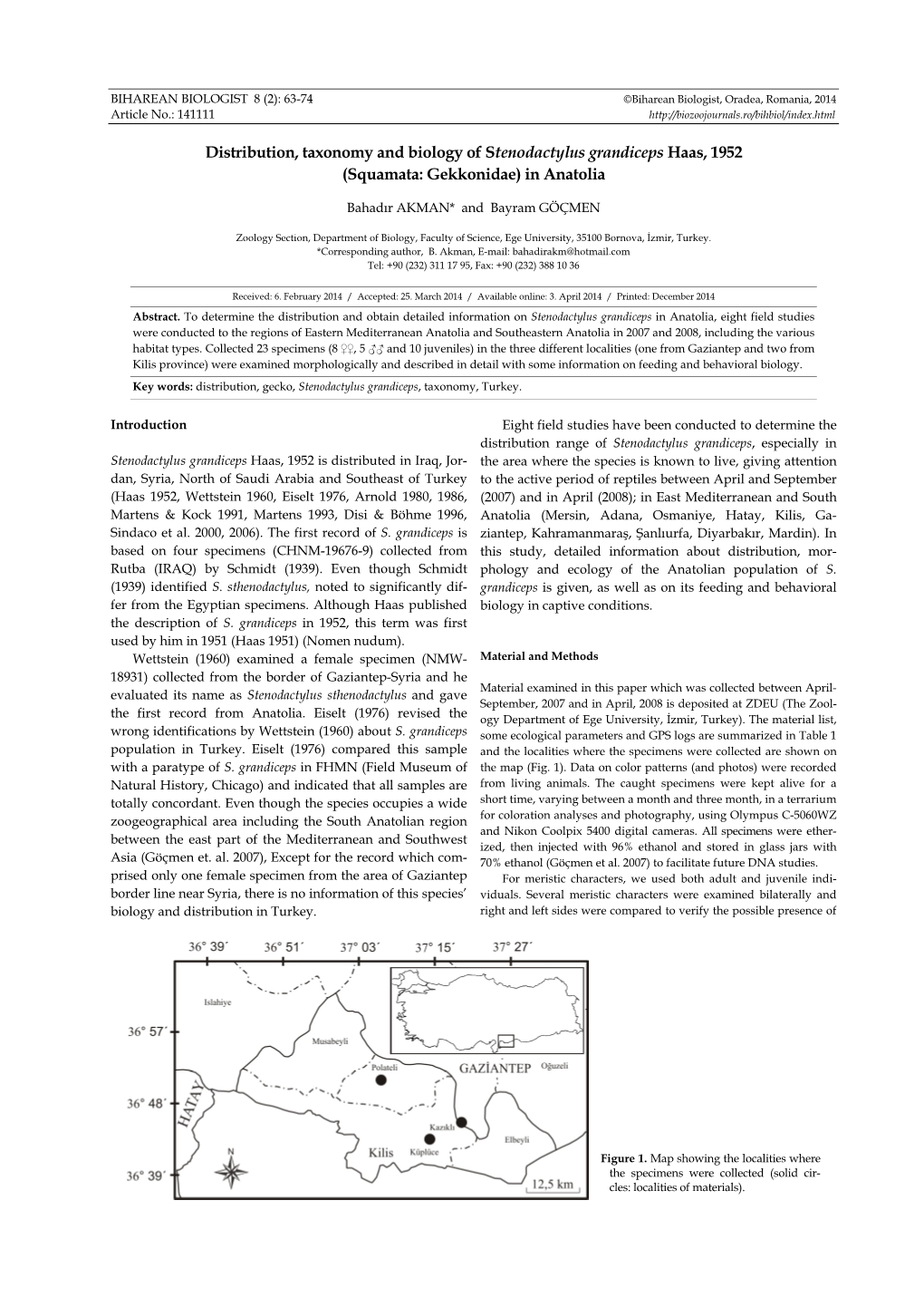 Distribution, Taxonomy and Biology of Stenodactylus Grandiceps Haas, 1952 (Squamata: Gekkonidae) in Anatolia