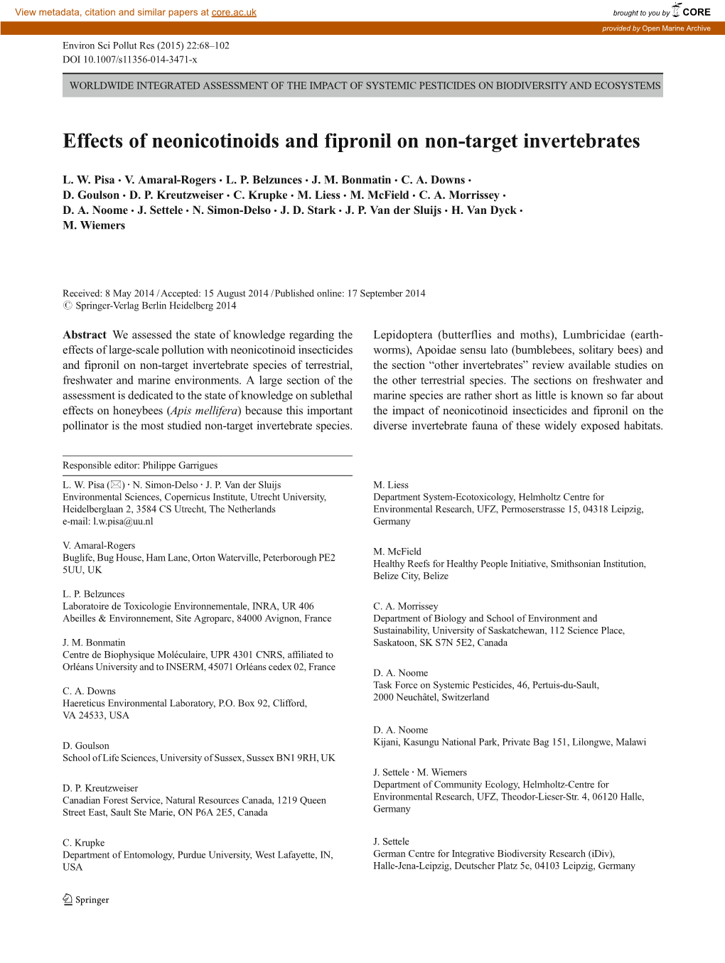 Effects of Neonicotinoids and Fipronil on Non-Target Invertebrates