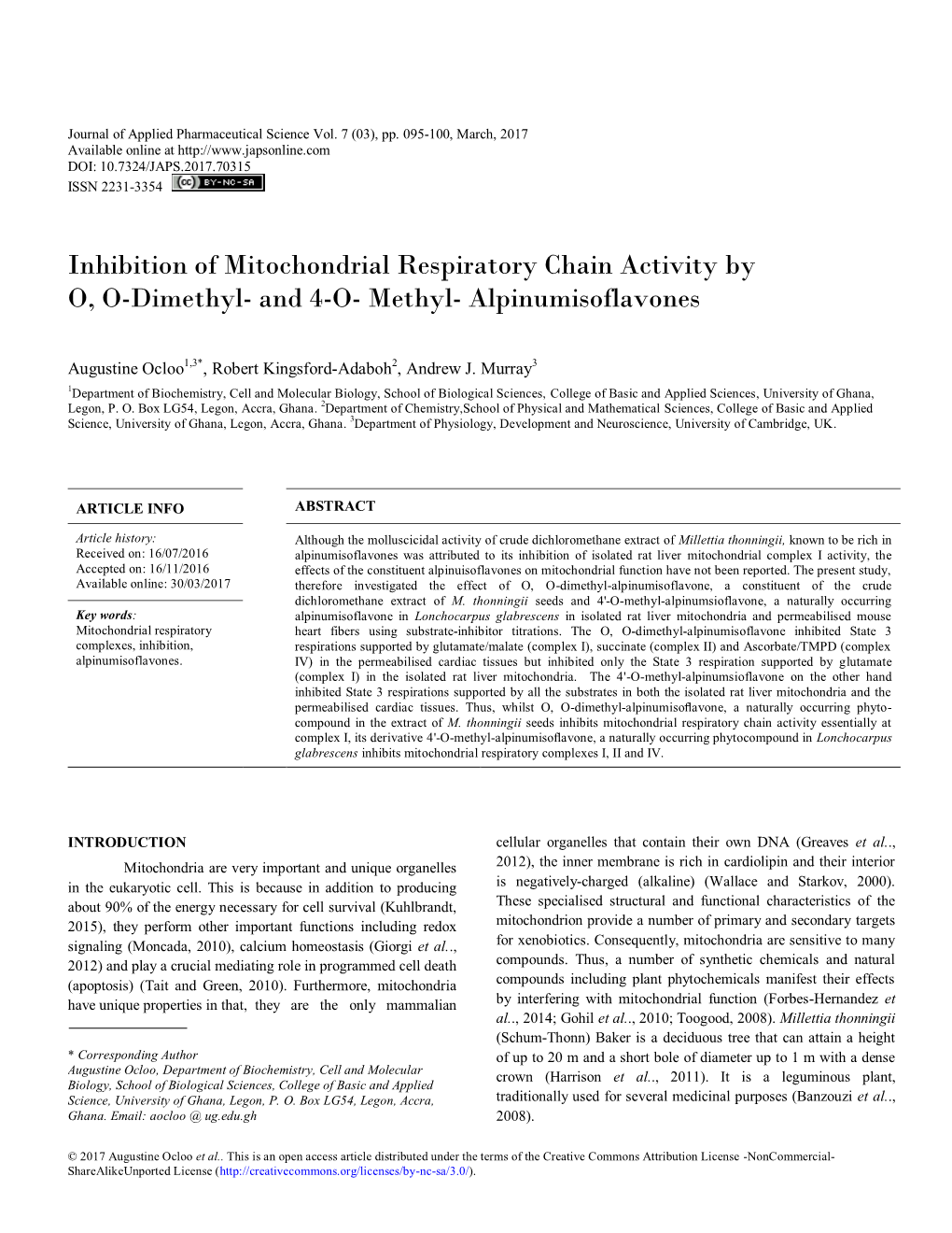 Inhibition of Mitochondrial Respiratory Chain Activity by O, O-Dimethyl- and 4-O- Methyl- Alpinumisoflavones