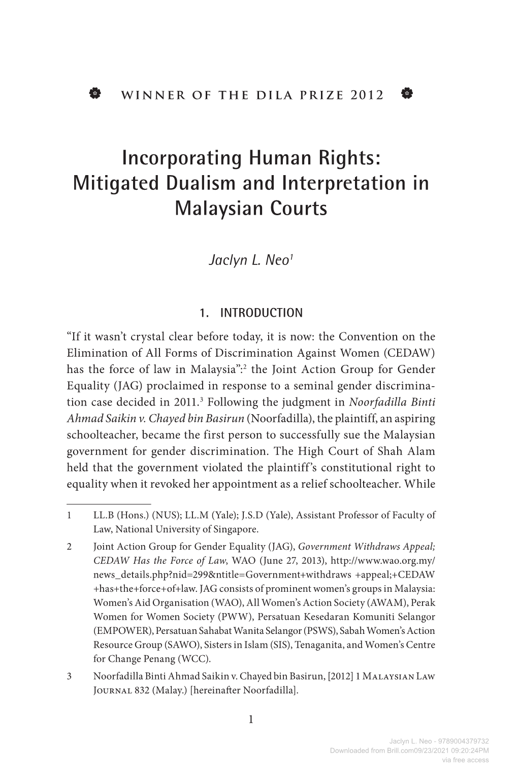 Incorporating Human Rights: Mitigated Dualism and Interpretation in Malaysian Courts