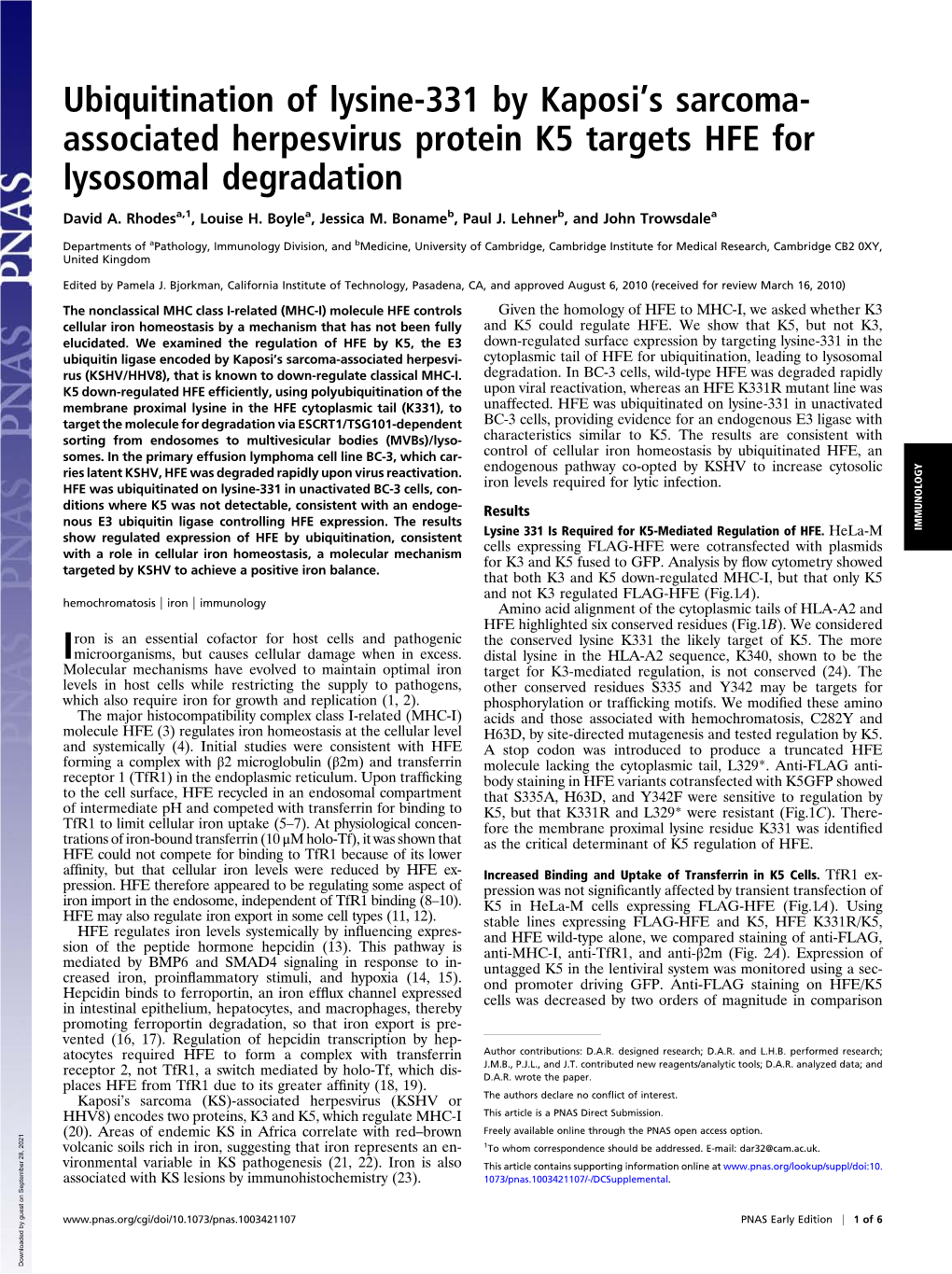 Ubiquitination of Lysine-331 by Kaposits Sarcoma- Associated