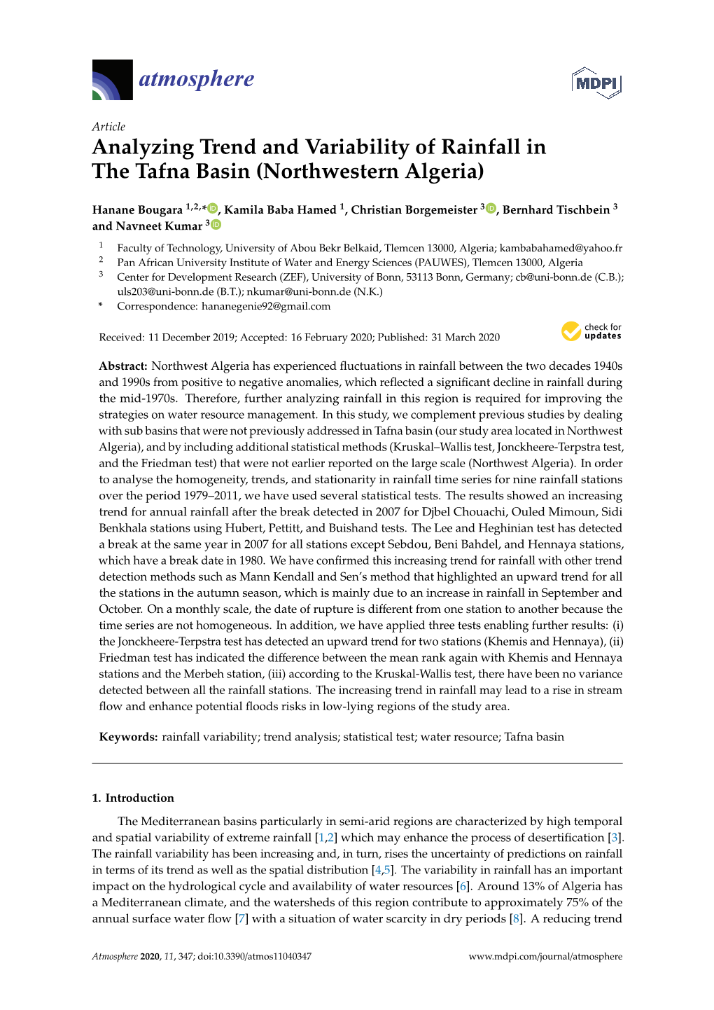 Analyzing Trend and Variability of Rainfall in the Tafna Basin (Northwestern Algeria)