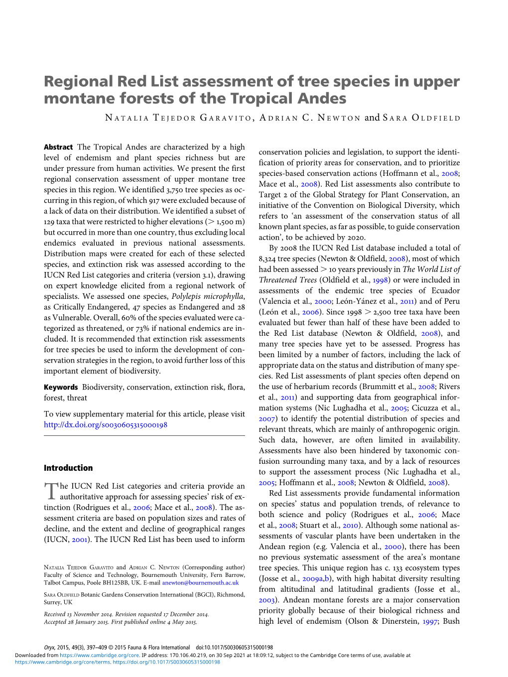 Regional Red List Assessment of Tree Species in Upper Montane Forests of the Tropical Andes