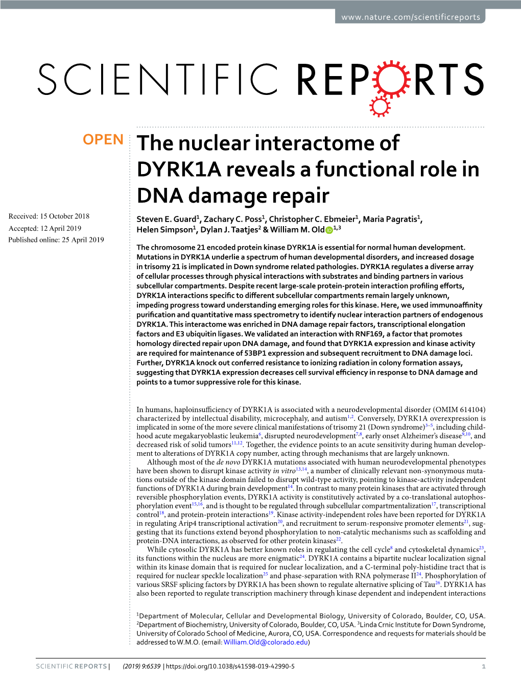 The Nuclear Interactome of DYRK1A Reveals a Functional Role in DNA Damage Repair Received: 15 October 2018 Steven E