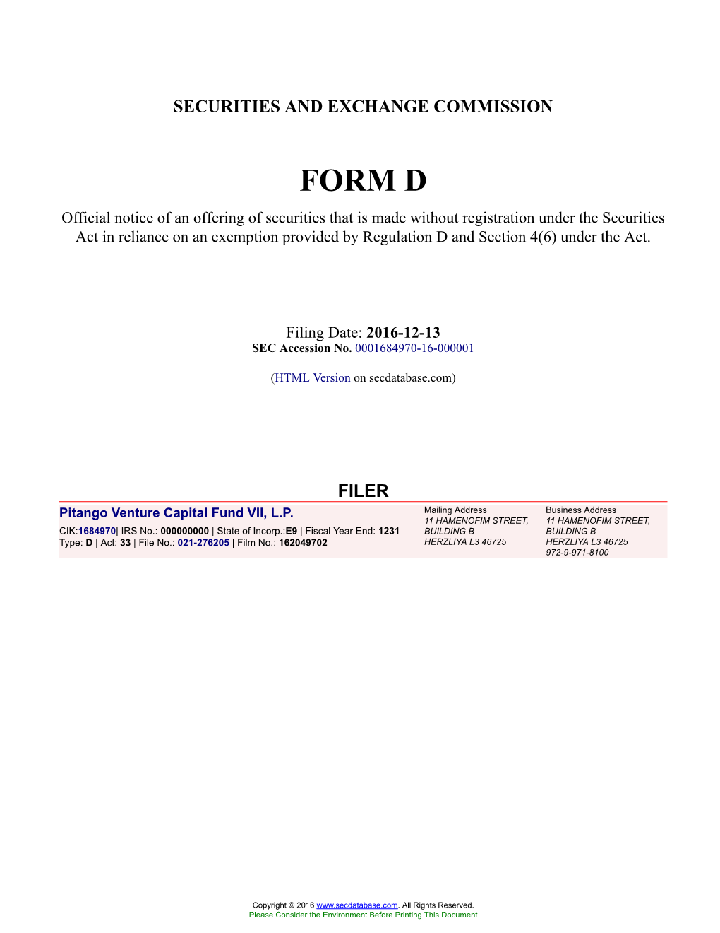 Pitango Venture Capital Fund VII, LP Form D Filed