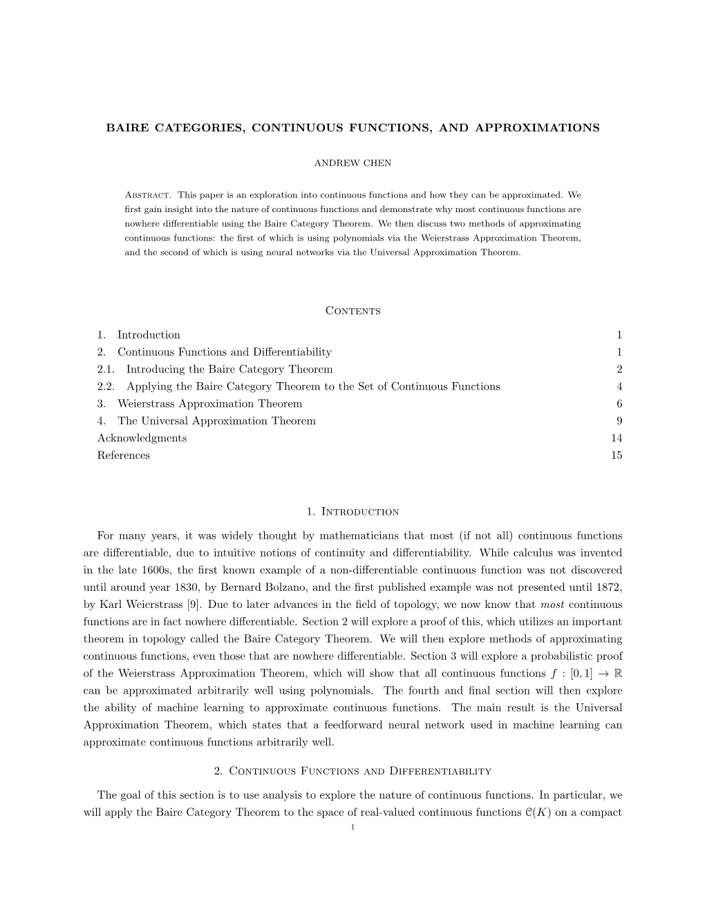 Baire Categories, Continuous Functions, and Approximations