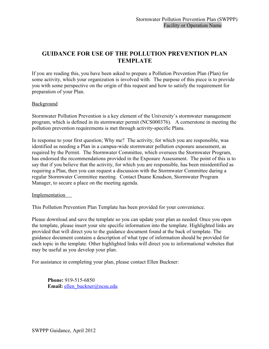 Industrial Stormwater Pollution Prevention Plan Template