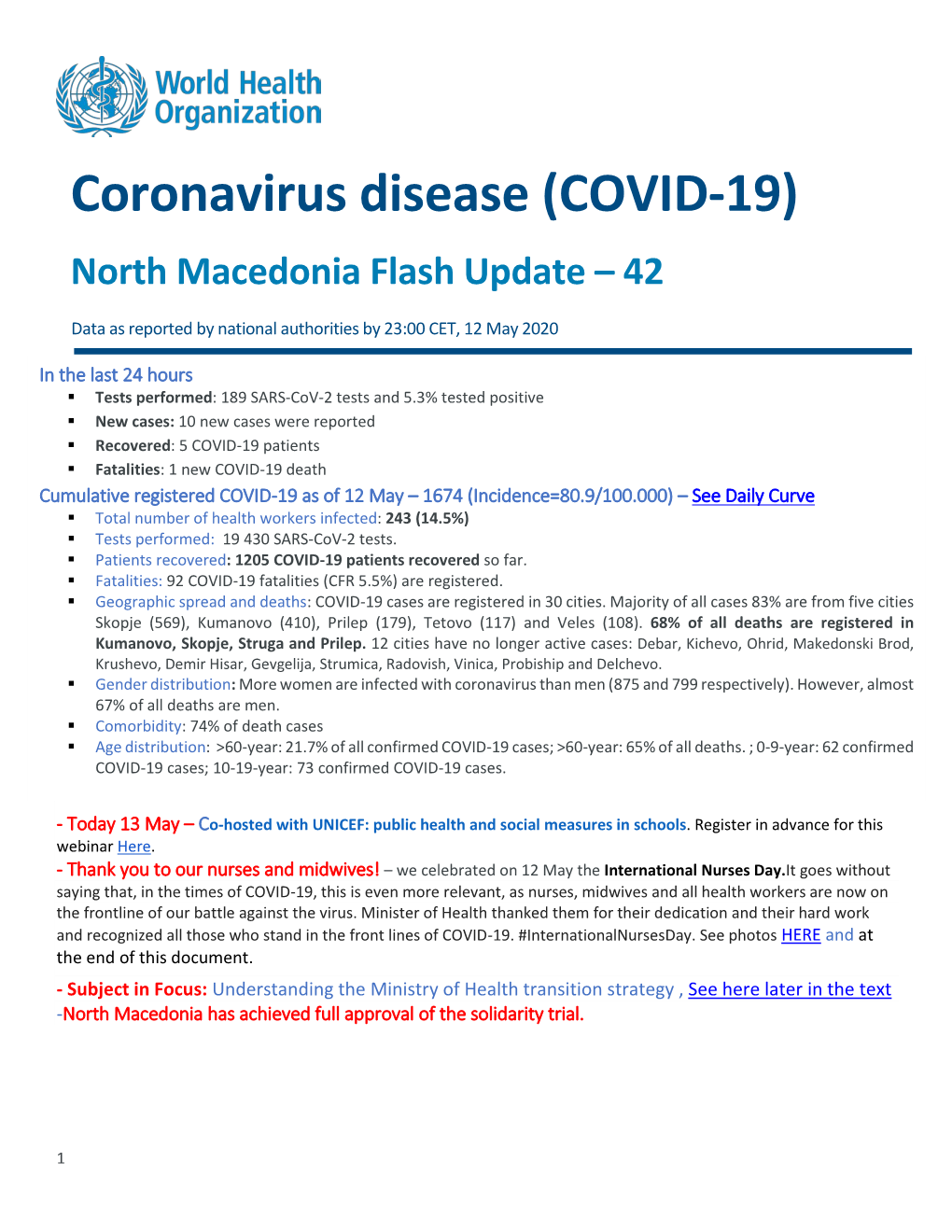 Coronavirus Disease (COVID-19) North Macedonia Flash Update – 42