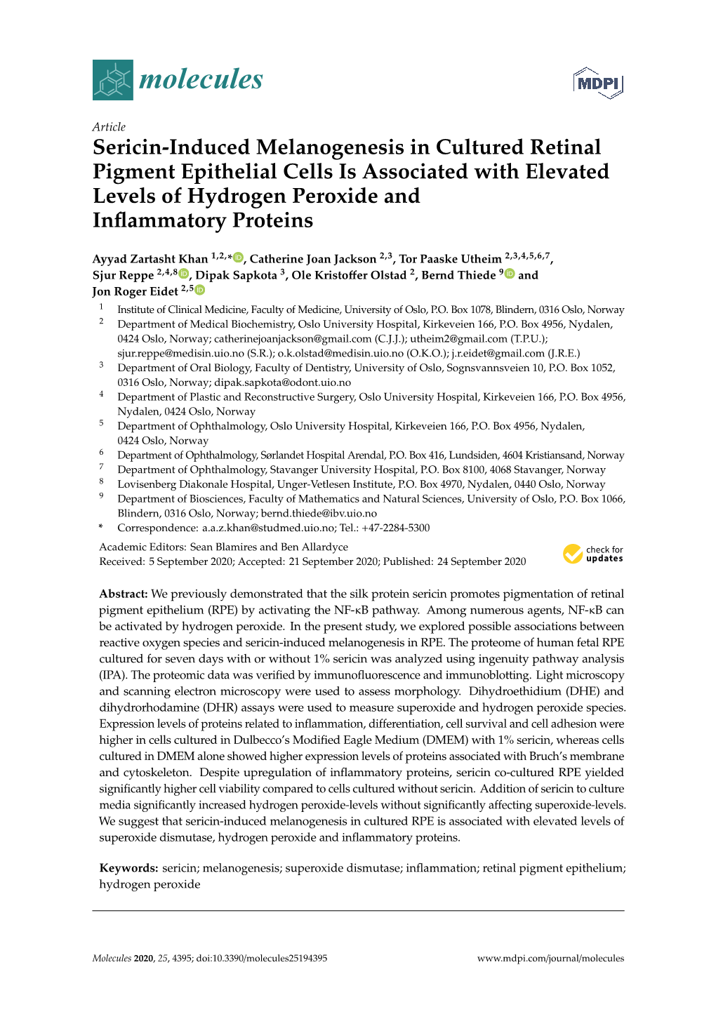 Sericin-Induced Melanogenesis in Cultured Retinal Pigment Epithelial Cells Is Associated with Elevated Levels of Hydrogen Peroxide and Inﬂammatory Proteins