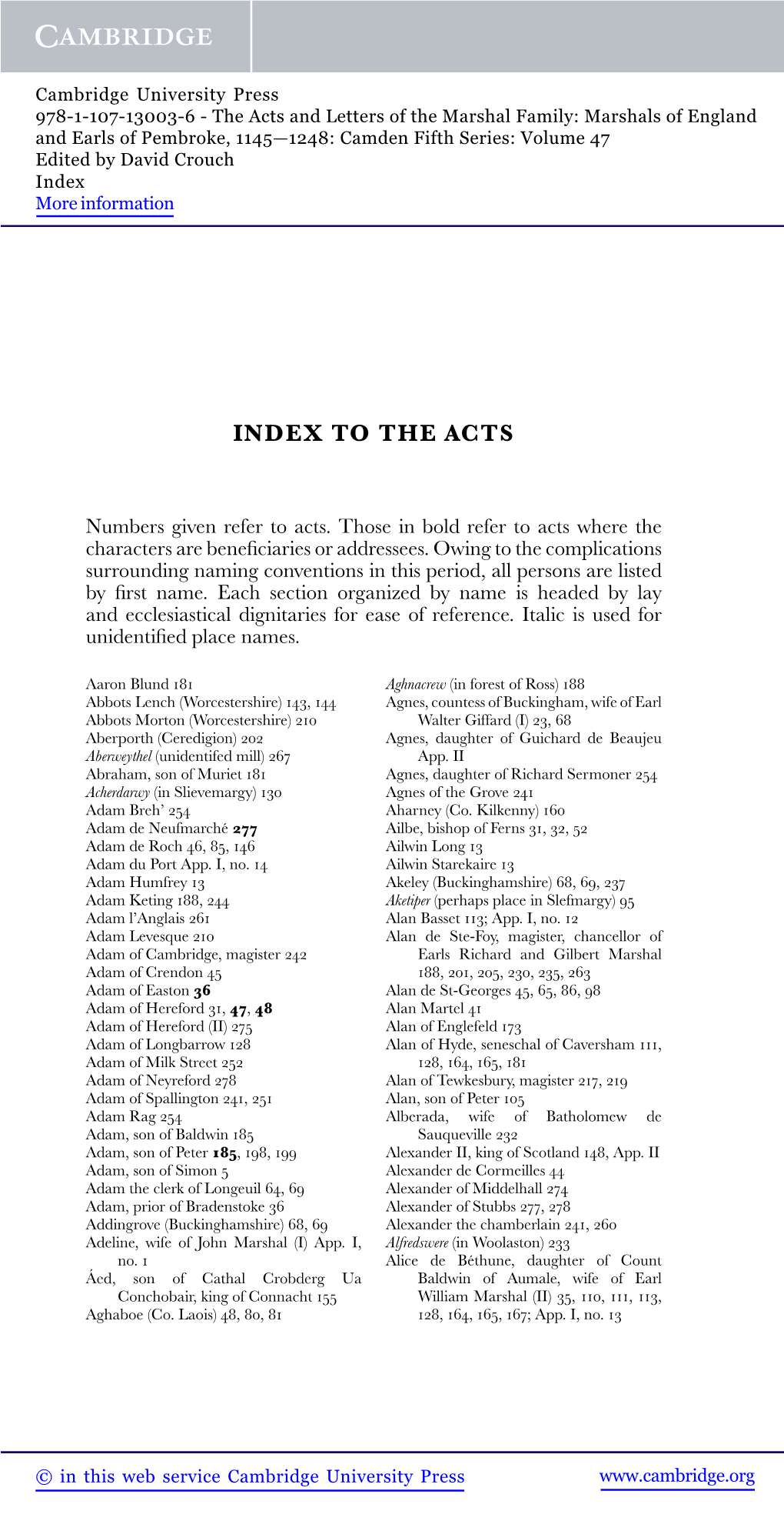 Index to the Acts