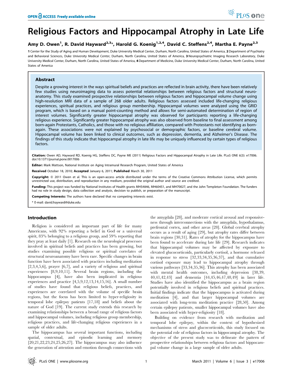 Religious Factors and Hippocampal Atrophy in Late Life