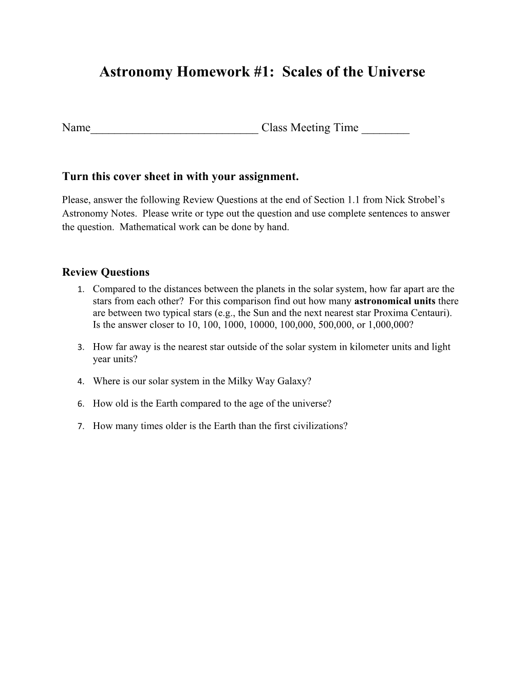 Astronomy Homework #1: Scales of the Universe