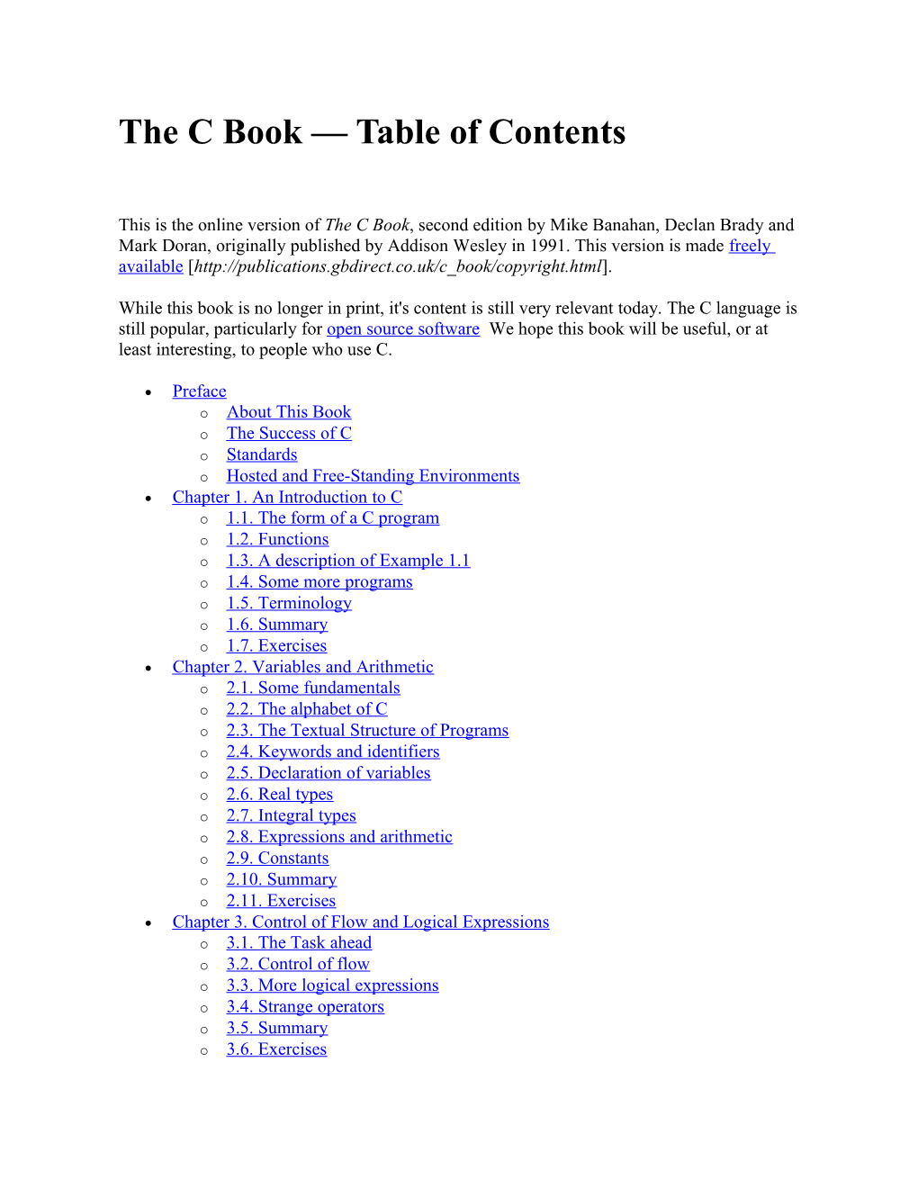 The C Book - Table of Contents