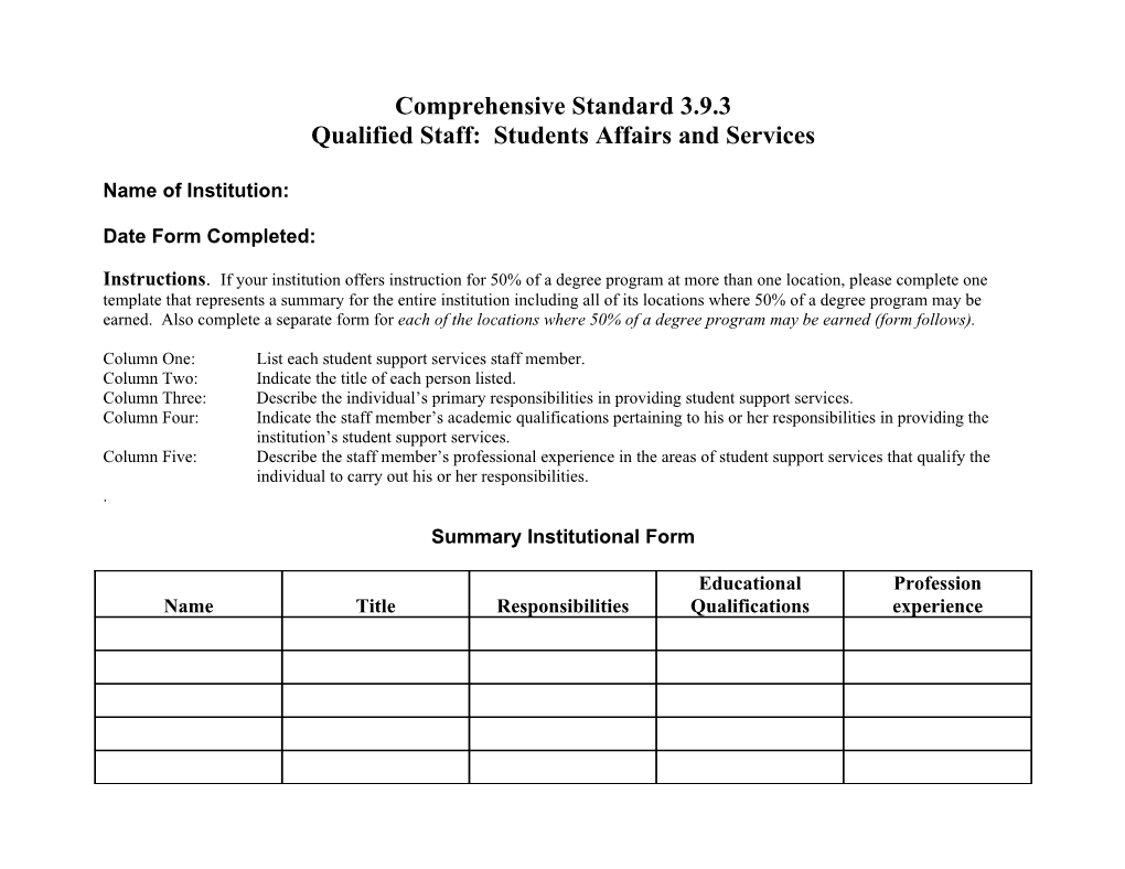 Template for Reporting Number and Qualifications Of