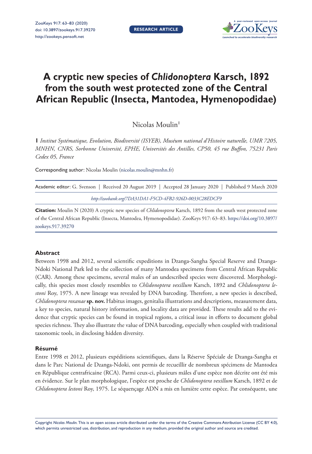 A Cryptic New Species of Chlidonoptera Karsch, 1892 from the South West Protected Zone of the Central African Republic (Insecta, Mantodea, Hymenopodidae)