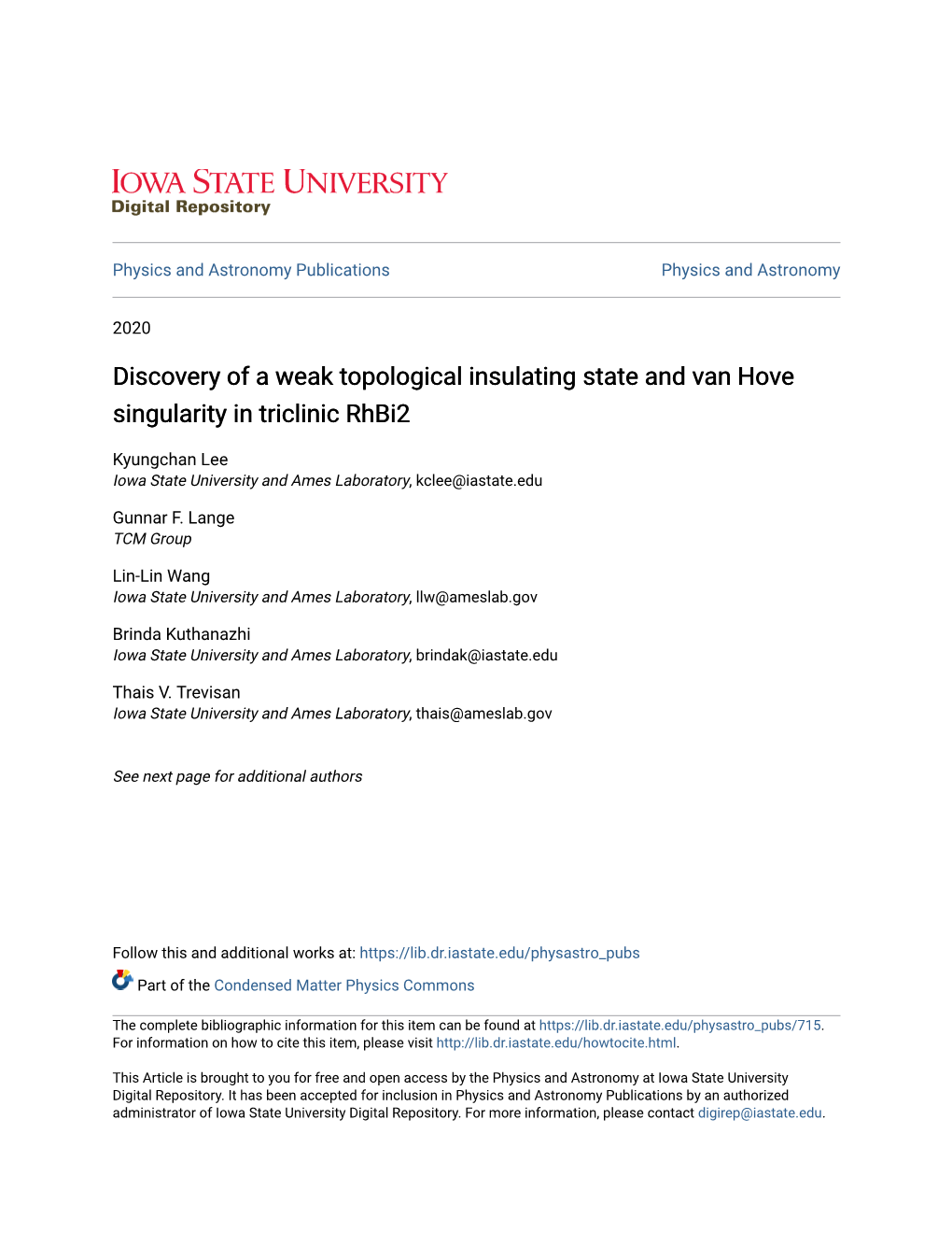 Discovery of a Weak Topological Insulating State and Van Hove Singularity in Triclinic Rhbi2