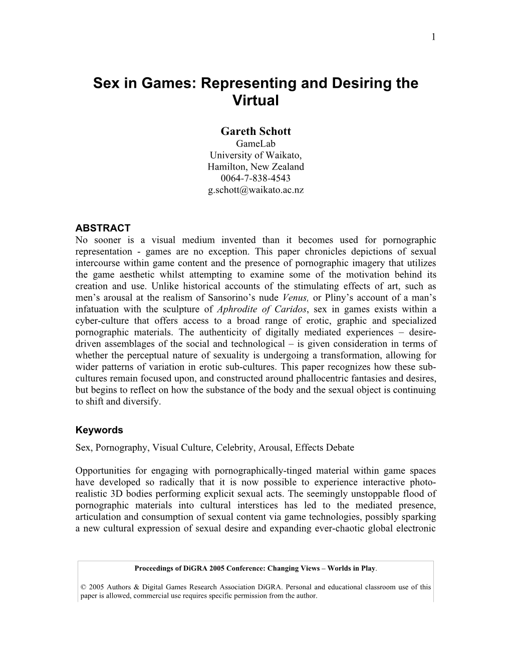 Sex in Games: Representing and Desiring the Virtual