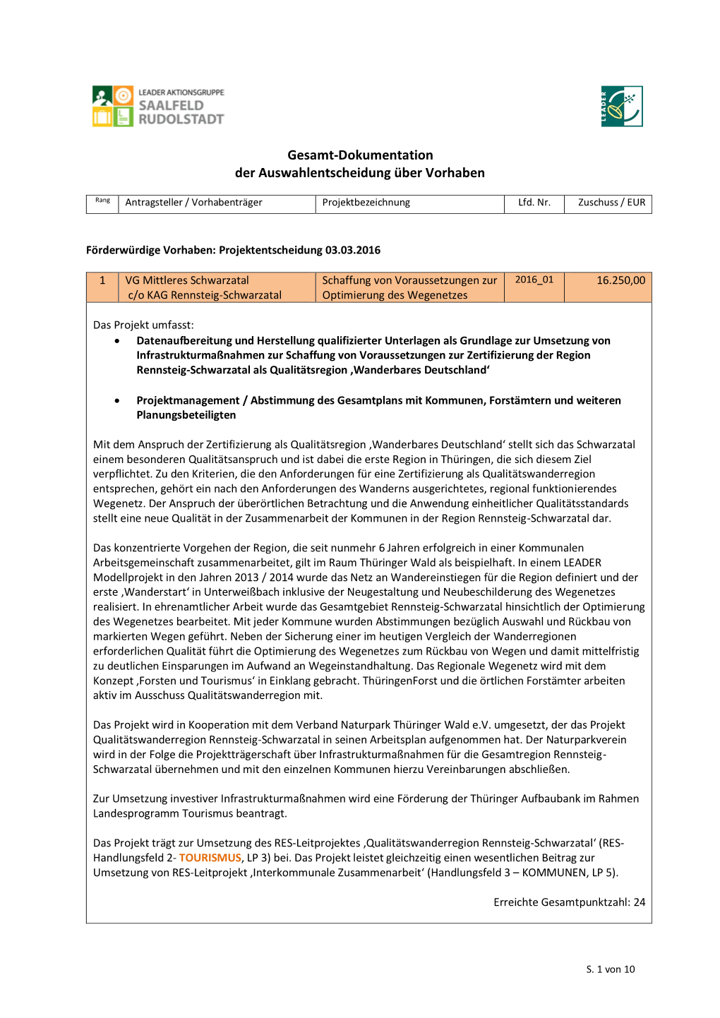 Gesamt-Dokumentation Der Auswahlentscheidung Über Vorhaben