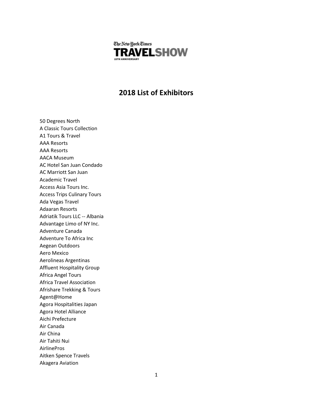 2018 List of Exhibitors