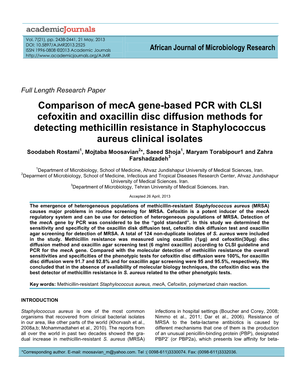 Comparison of Meca Gene-Based PCR with CLSI Cefoxitin And