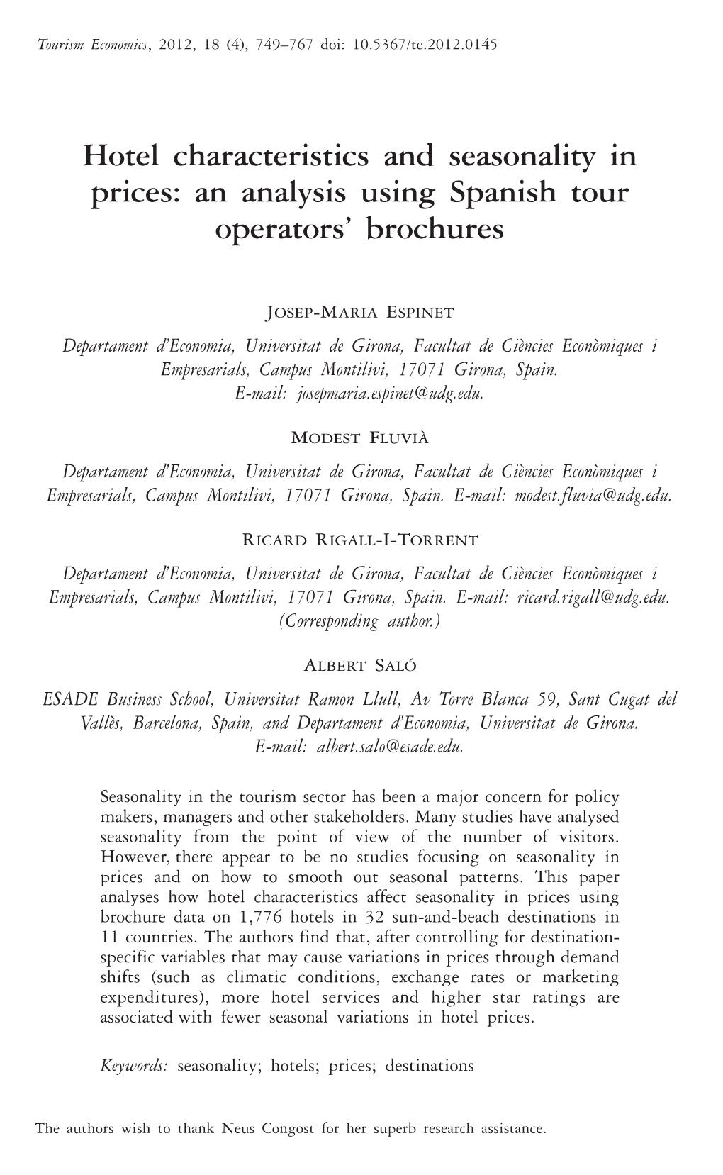 Hotel Characteristics and Seasonality in Prices: an Analysis Using Spanish Tour Operators’ Brochures