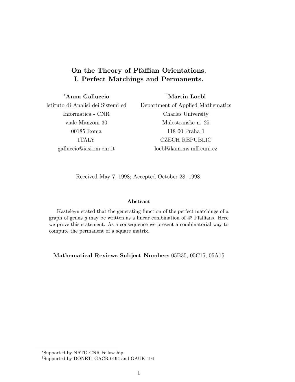 On the Theory of Pfaffian Orientations. I. Perfect Matchings and Permanents