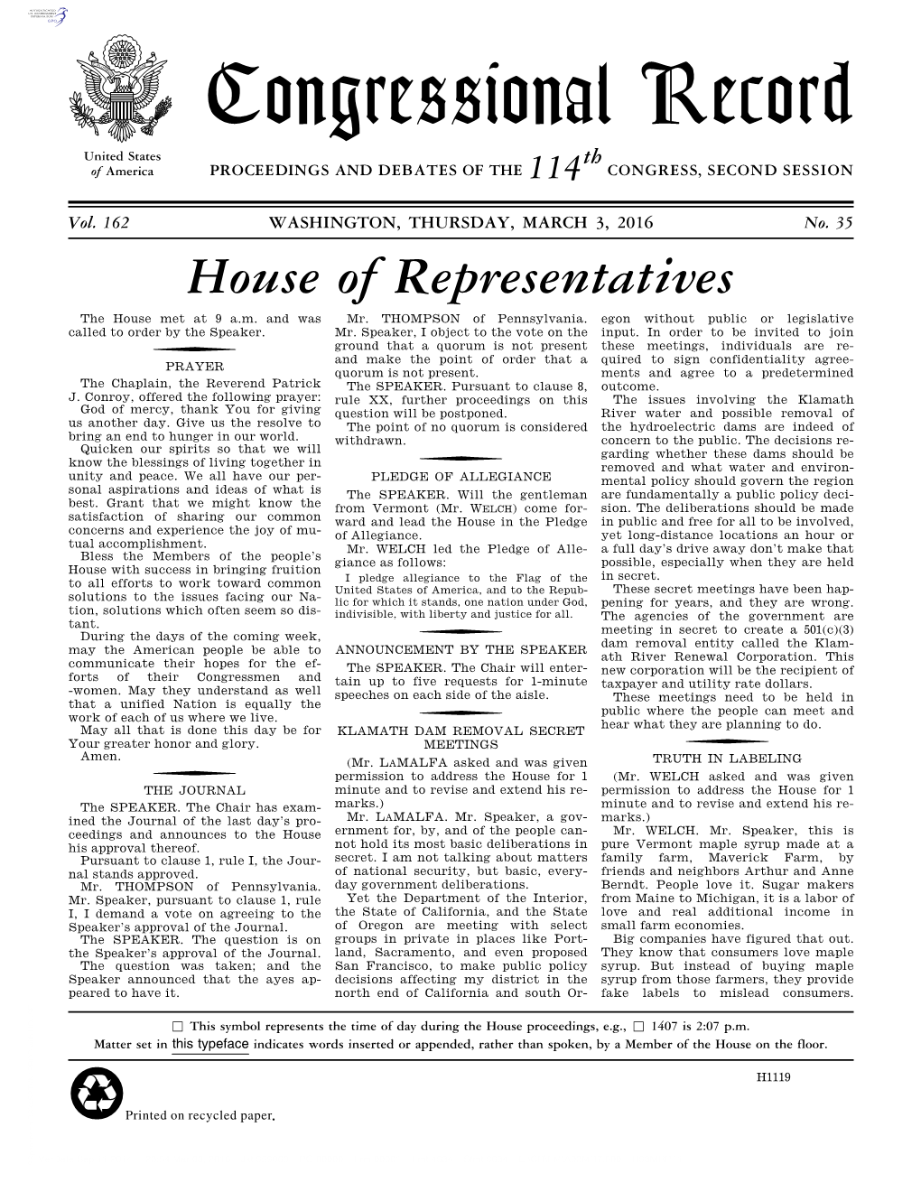 Congressional Record United States Th of America PROCEEDINGS and DEBATES of the 114 CONGRESS, SECOND SESSION