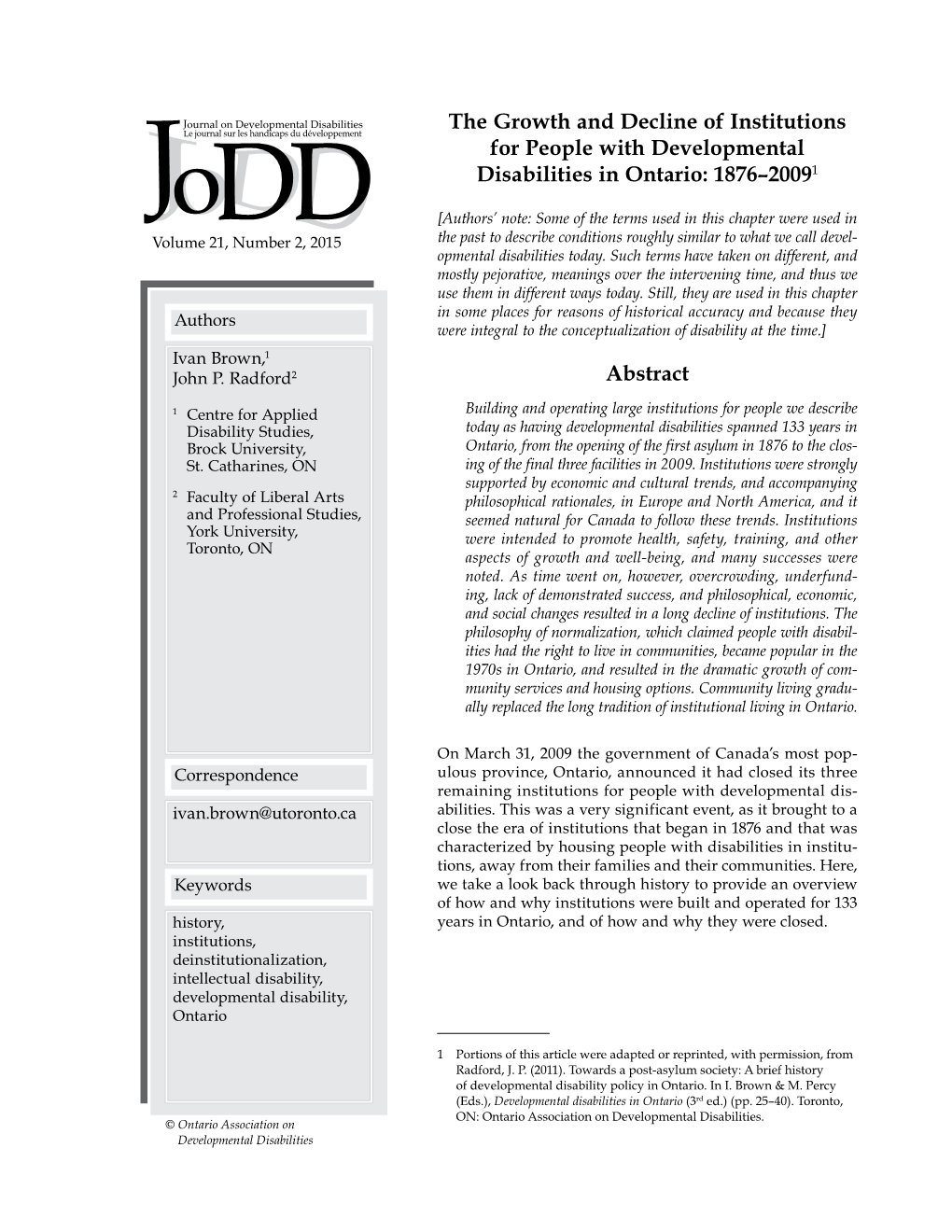 The Growth and Decline of Institutions for People with Developmental Disabilities in Ontario: 1876–20091