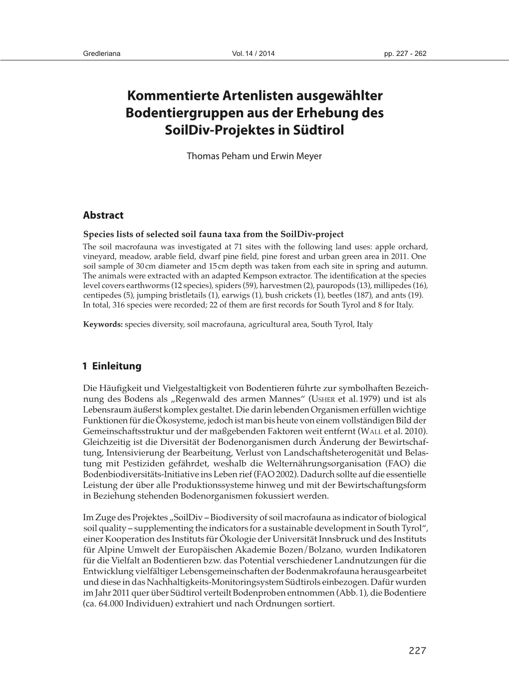 Kommentierte Artenlisten Ausgewählter Bodentiergruppen Aus Der Erhebung Des Soildiv-Projektes in Südtirol