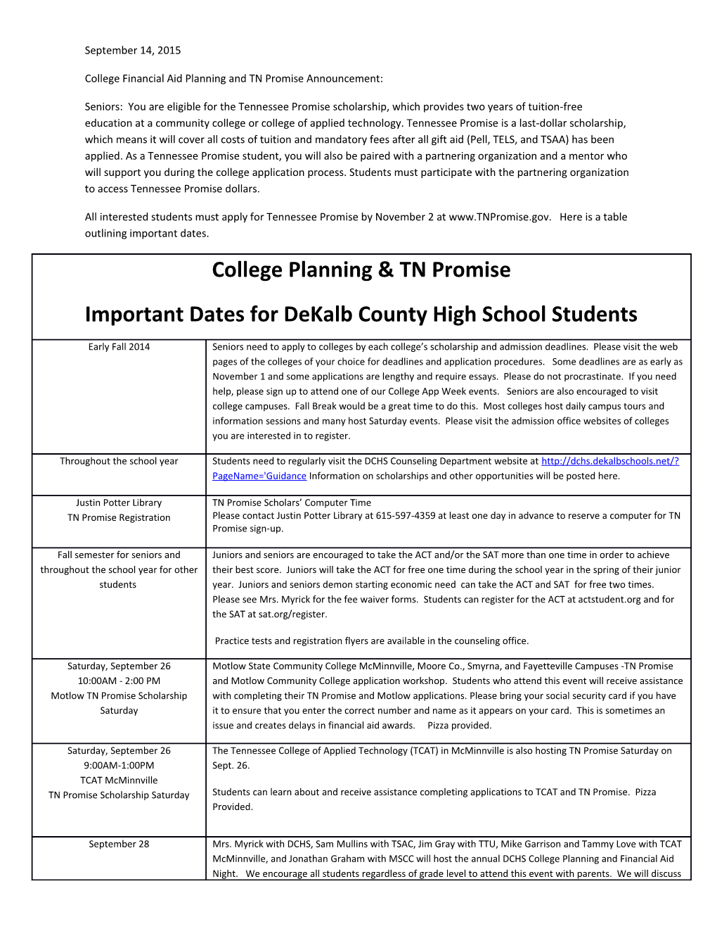 College Financial Aid Planning and TN Promise Announcement